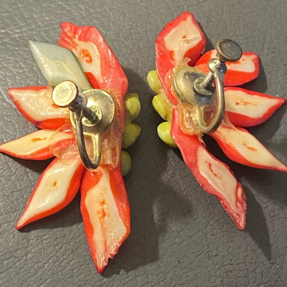 Vintage Hand Made Christmas Poinsettia Flower Brooch Matching Screw Back Earring